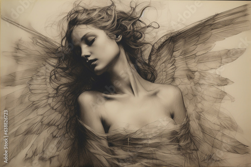 Culture and religious concept. Paper pencil or charcoal sketch of an angel on yellow aged and grunge paper. Beautiful woman portrait with wings. Generative AI