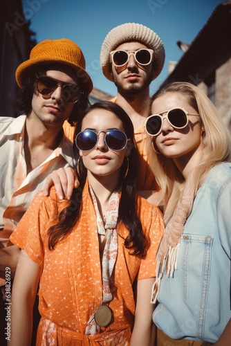 portrait of a group of friends wearing retro clothing and shades