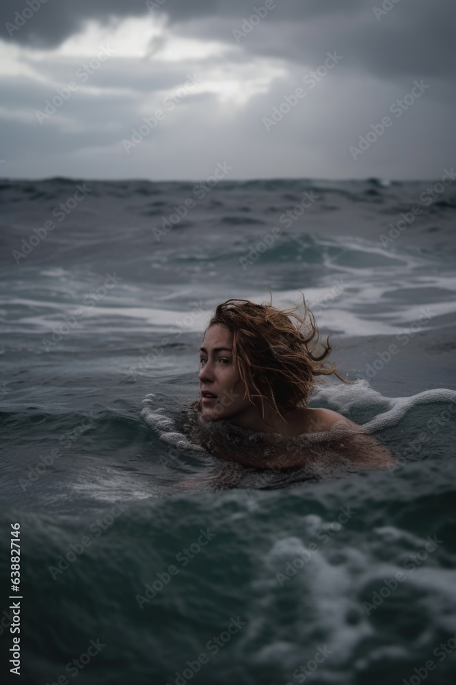 shot of a woman in the ocean during a storm