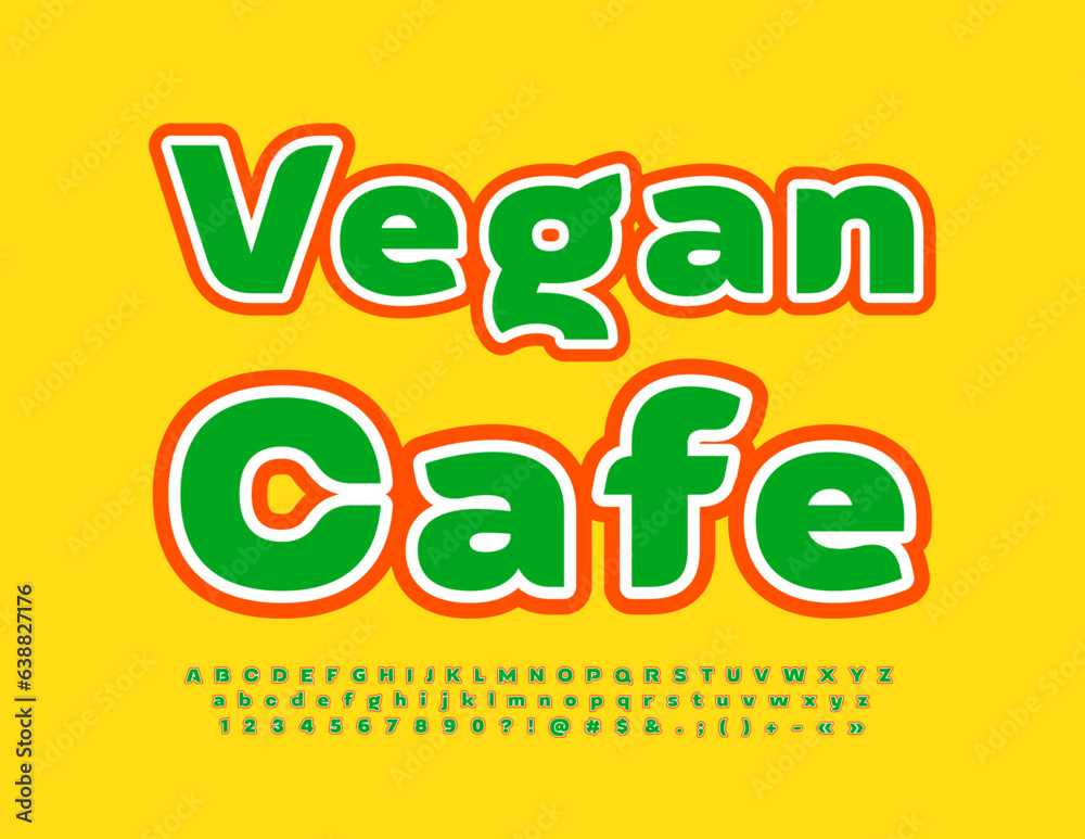 Naklejka premium Vector eco Signboard Vegan Cafe. Elegant bright Font. Colorful Alphabet Letters and Numbers