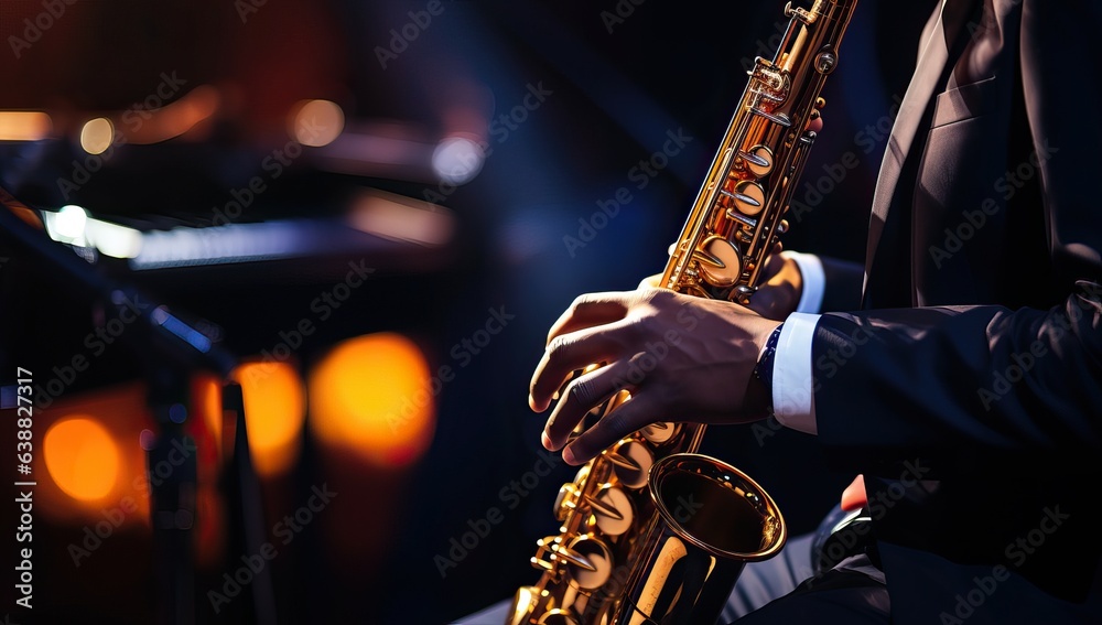 Obraz premium Saxophonist. Close-up of a saxophone in the hands of a musician