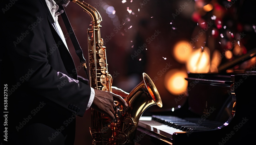 Obraz premium Saxophonist playing the saxophone on a dark background. Close-up.