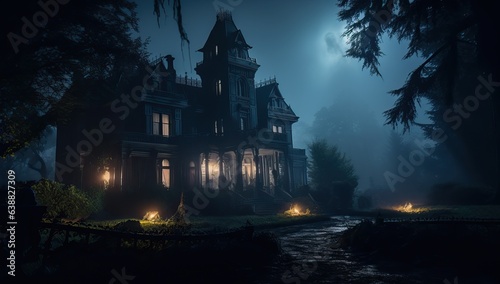 Halloween night scene with haunted house and moonlight. © Meow Creations