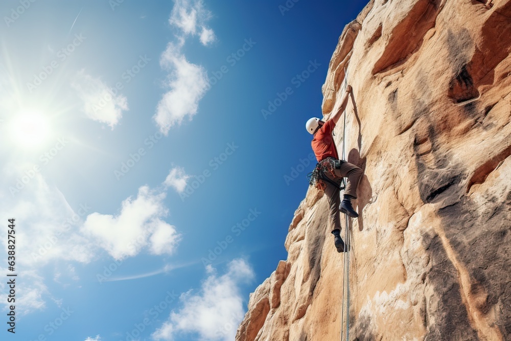 Male climber hanging on a rope on a background of blue sky