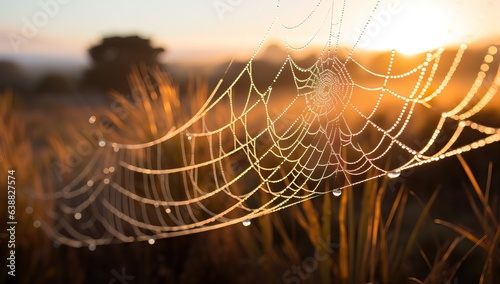 spider web with dew drops at sunrise, shallow depth of field photo