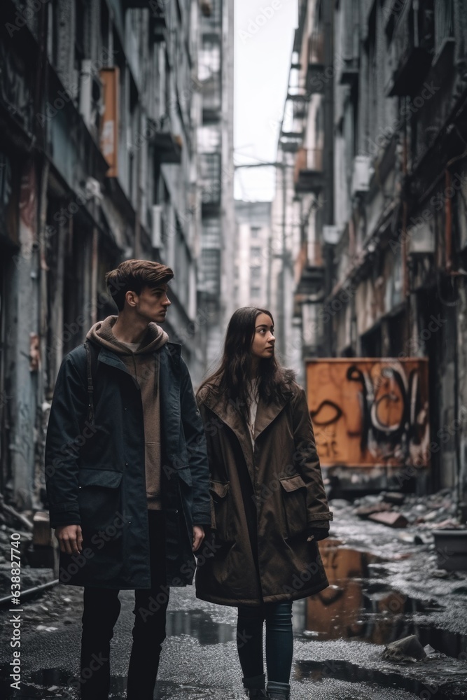 shot of a young couple exploring a dystopian city
