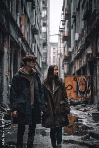 shot of a young couple exploring a dystopian city