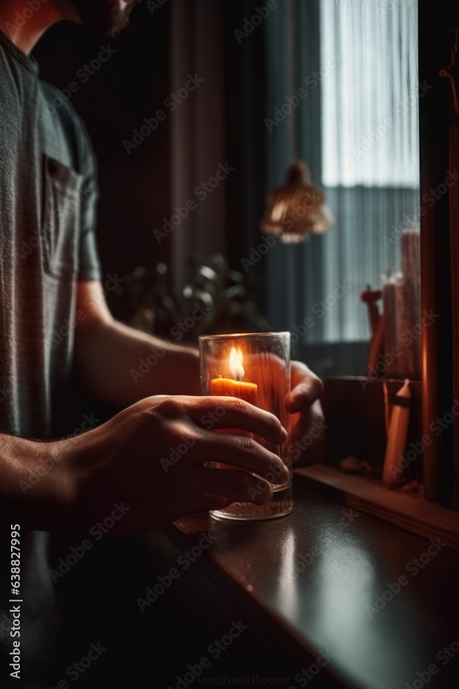 shot of an unrecognizable man lighting a candle in his home