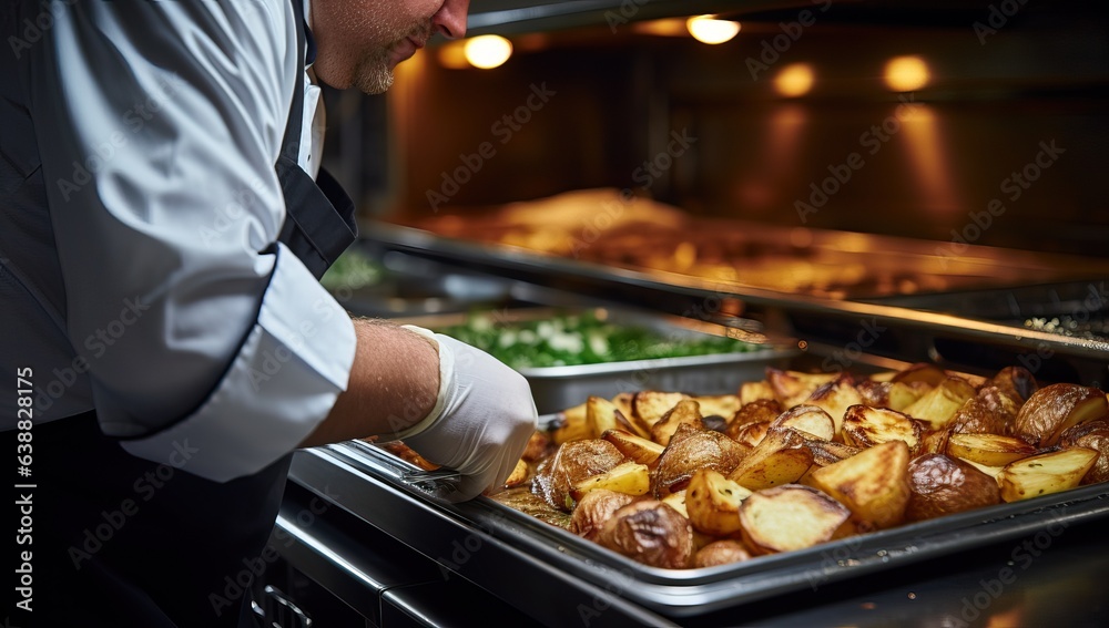Baked potatoes in the oven. Chef in a restaurant kitchen.