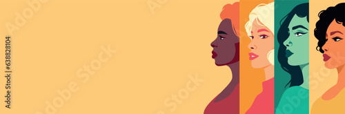Vector flat banner for women's day, women of different cultures and nationalities. Different skin color of women. Vector concept of movement for gender equality and empowerment of women