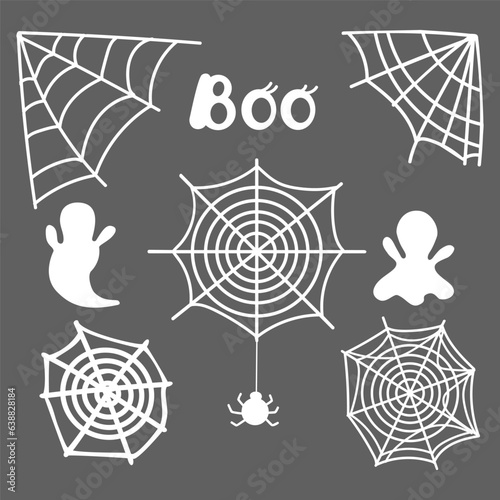 A set of cobwebs and, hanging spider and ghosts. Design for Halloween party, stickers, posters, holiday, decoration, design object, banner. Happy halloween