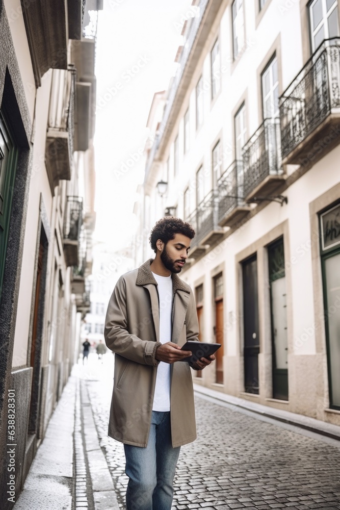shot of a young man using his digital tablet while walking through the city