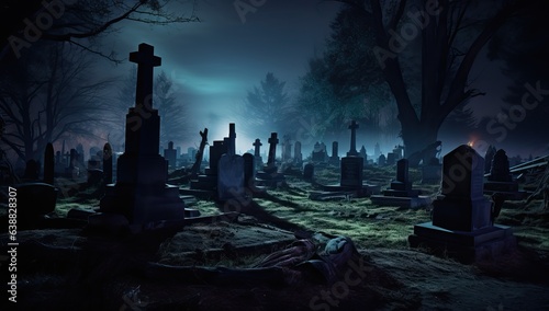Gravestones in the cemetery at night. Halloween concept.