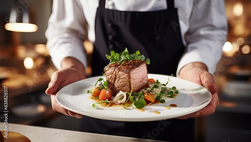 Stampa su tela Chef holding plate with delicious roasted duck fillet on table in restaurant