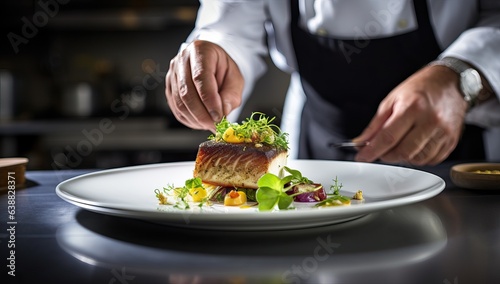 Chef decorating fish with fresh vegetables on white plate in restaurant kitchen