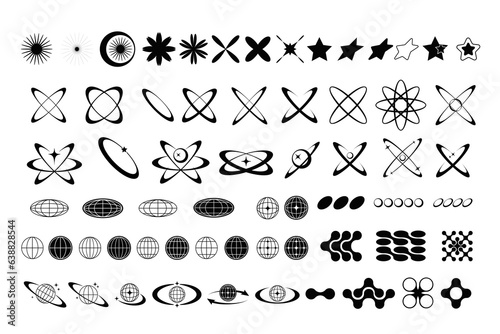 Set of abstract isolated retro futuristic geometric elements in y2k style. Collection with symbols and shapes for template, poster, web, landing page, stickers