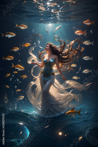 A surreal scene of Iara emerging from the depths of the sea, illuminated by the light of the full moon, as a dazzling array of fish swirl around her.