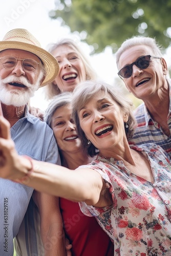 cropped shot of a group of senior friends taking selfies at an outdoor music event
