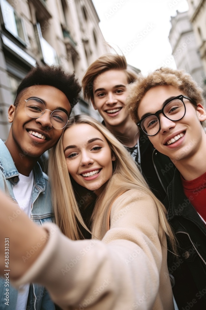 shot of a group of young friends taking selfies while out in the city shot of a group of young friends taking selfies while out in the city
