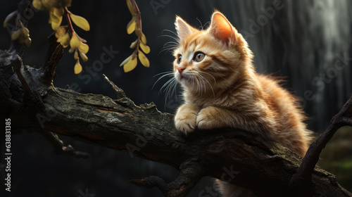 Cute cat perched on a branch in the garden. Generative AI