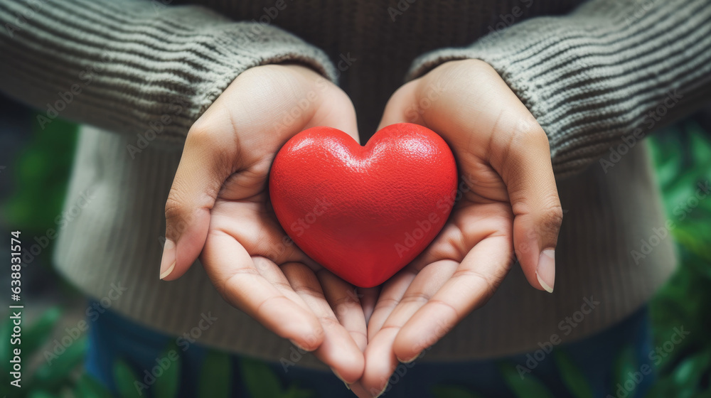 Young women hands holding red heart. Generative AI Young women hands holding red heart. Generative AI