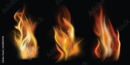 Set of burning fire flame element vector isolate on black background
