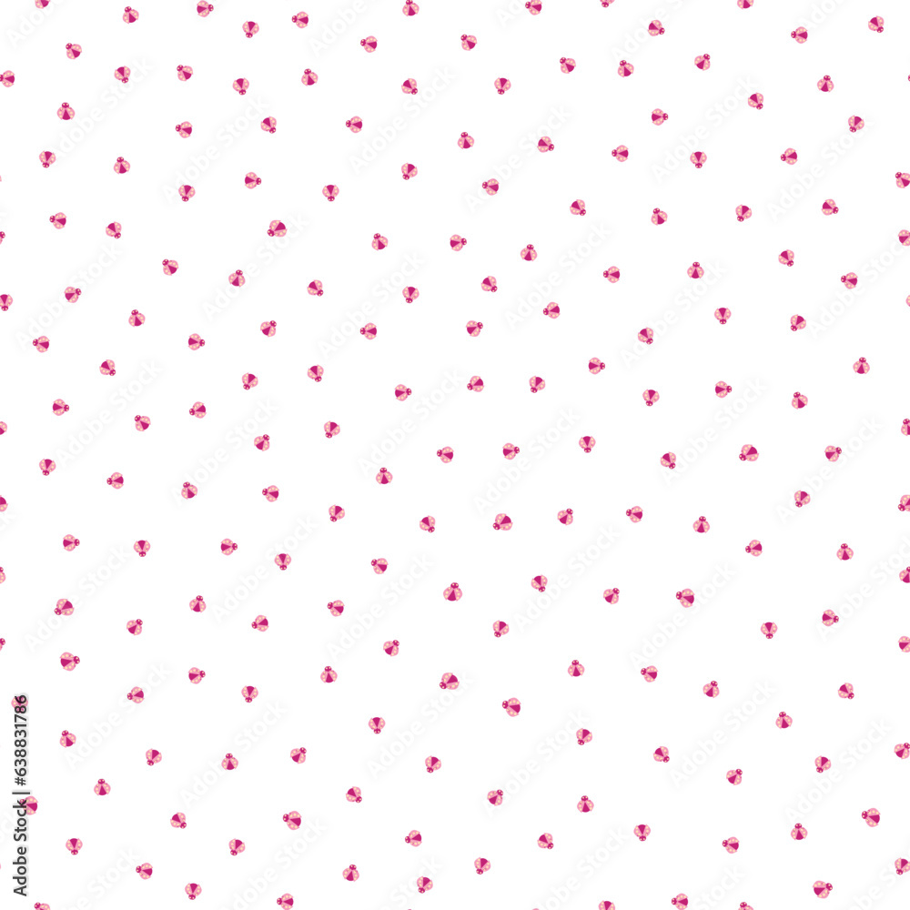 Ditzy pink ladybugs seamless vector pattern background. Kawaii carton ladybird characters dense scattered backdrop. All over print for summer, baby, girls. Ladybug motif for packaging
