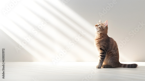 Fotografie, Obraz A shot of cute tabby cat looking at sun rays on the empty white wall