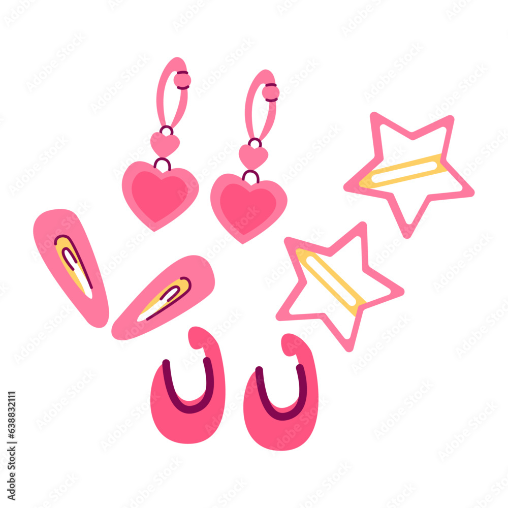 Vector illustration of pink hairpins and earrings.Barbie set of accessories, heart earrings,star hairpins. Vector illustration of pink hairpins and earrings.Barbie set of accessories, heart earrings,star hairpins.