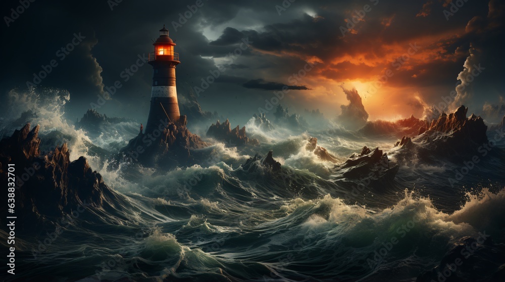Generative AI. Lighthouse and stormy waves