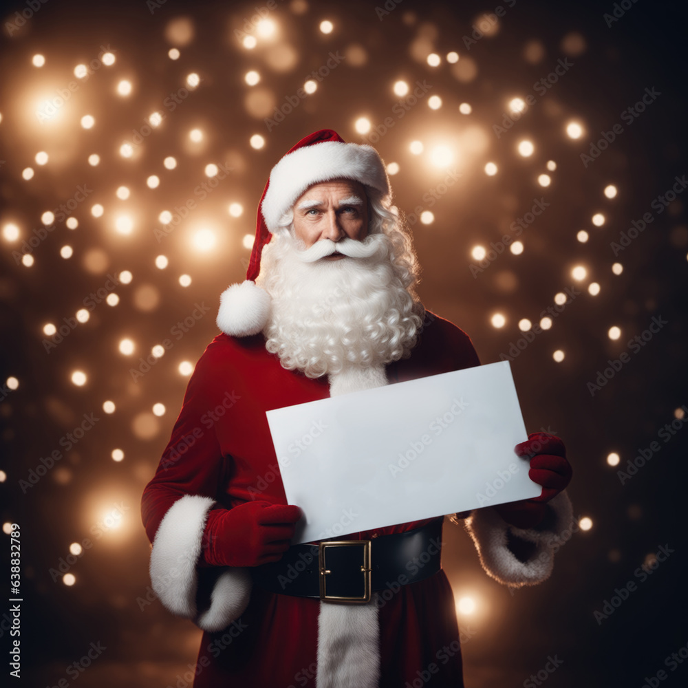 Naklejka premium Santa Claus holding a blank poster with copy space for text. Christmas background