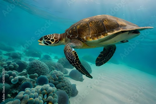 Green turtle (Chelonia mydas) diving in ocean water, Total Reflection