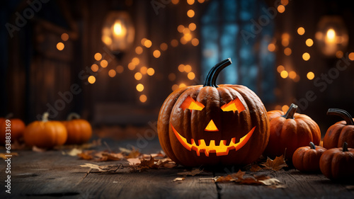 halloween pumpkin on wooden floor with bokeh background