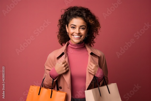 Retail Delight. Woman with Shopping Bags Over Red Background. Elegance and Fashion in Vibrant Hue. Generative Ai photo