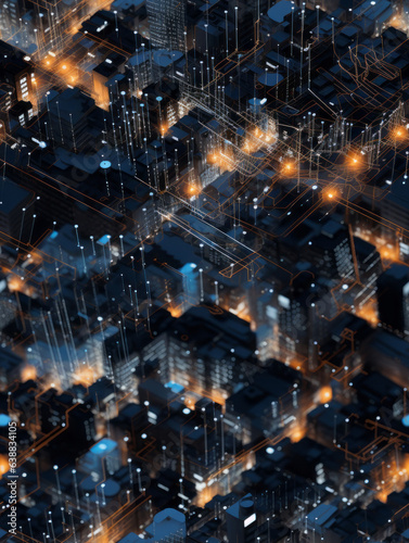 Abstract technology background. blurred city entangled in a network of connections digitalization