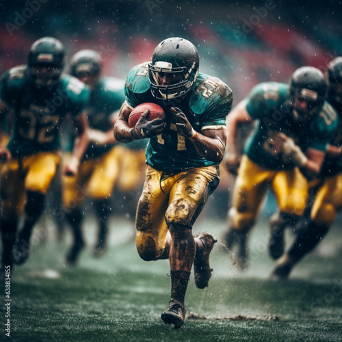 Fotografia American football players in dynamic action is running with ball at stadium unde