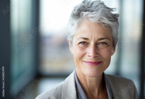 Portrait of a smiling aged woman with gray hair looking at camera, near the window. 