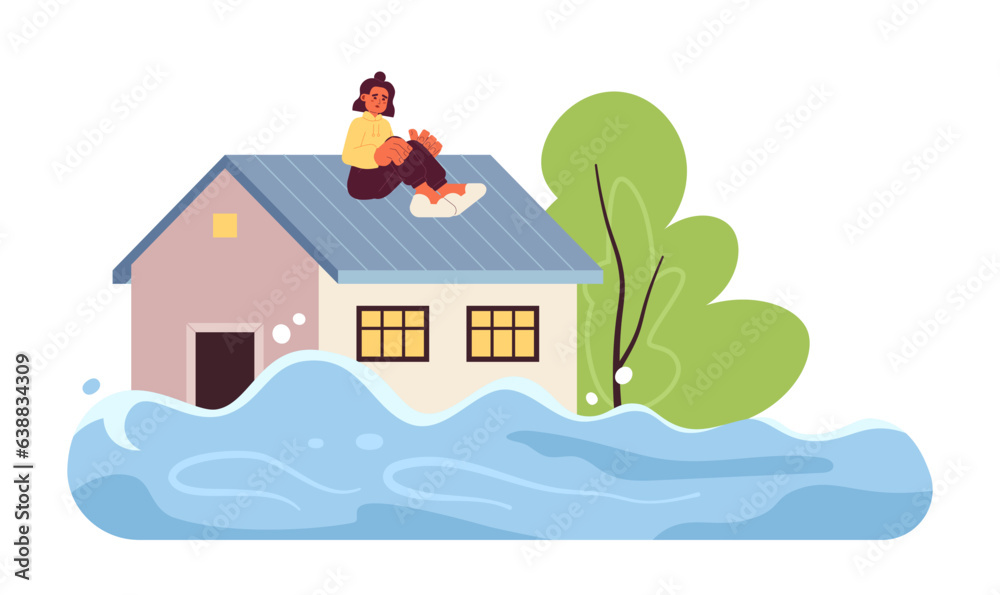 Woman sitting on roof flat concept vector spot illustration. Flooded ...