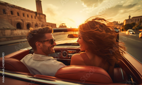 Happy smiling couple man and woman traveling in car convertible the Italy on a summer day at sunset