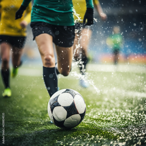 Women's football, a female's team runs across the field of the stadium under the setting sun  © Andrii IURLOV