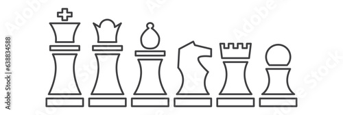 Set of chess related vector line icons. Premium linear symbols pack.. Included icon king, queen, bishop, knight, rook, pawn. linear isolated on white background. Chess pictogram. Set of strategy icons
