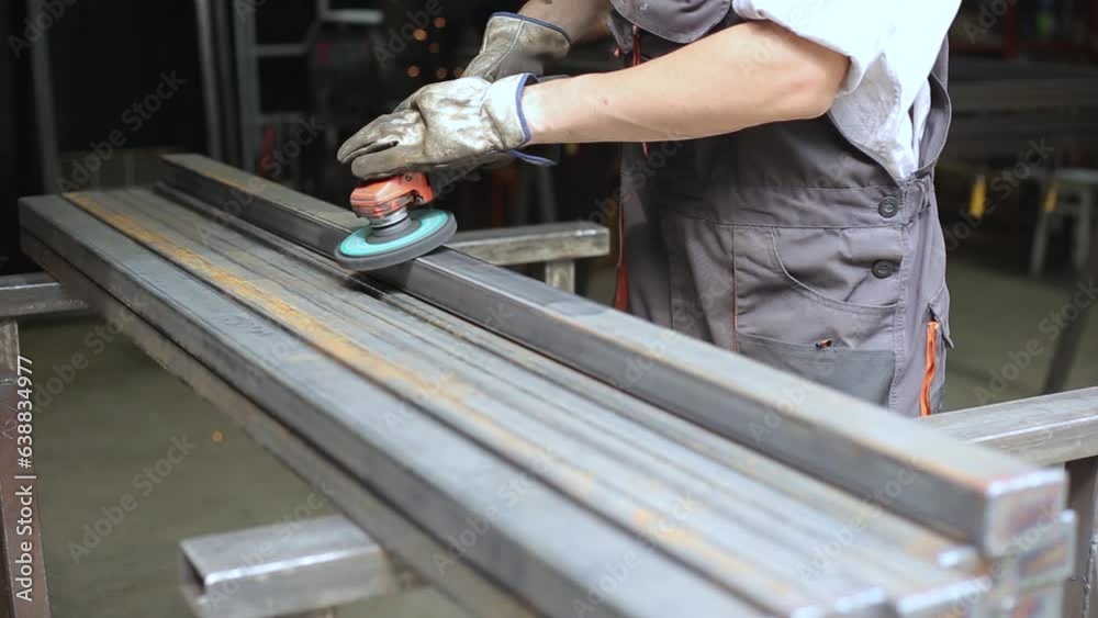 Worker cleaning iron steel pipe profile, deleting rust and other dirt from metal using Angle Grinder Coral Disc. industry concept. worker in uniform and safe gloves on hand. Worker cleaning iron steel pipe profile, deleting rust and other dirt from metal using Angle Grinder Coral Disc. industry concept. worker in uniform and safe gloves on hand.