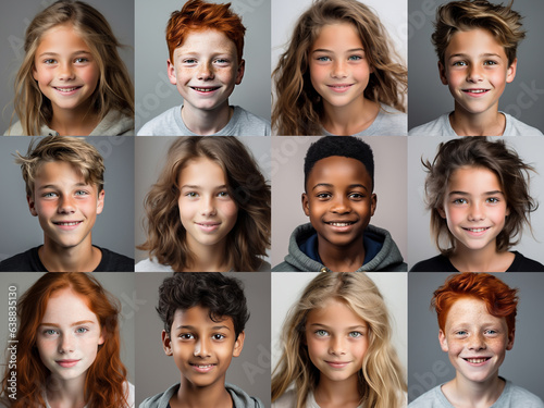 Collage of ethnically different happy kids, modern people portraits, funny, smiling and happy multicultural faces looking at camera, human resource society database concepts. 