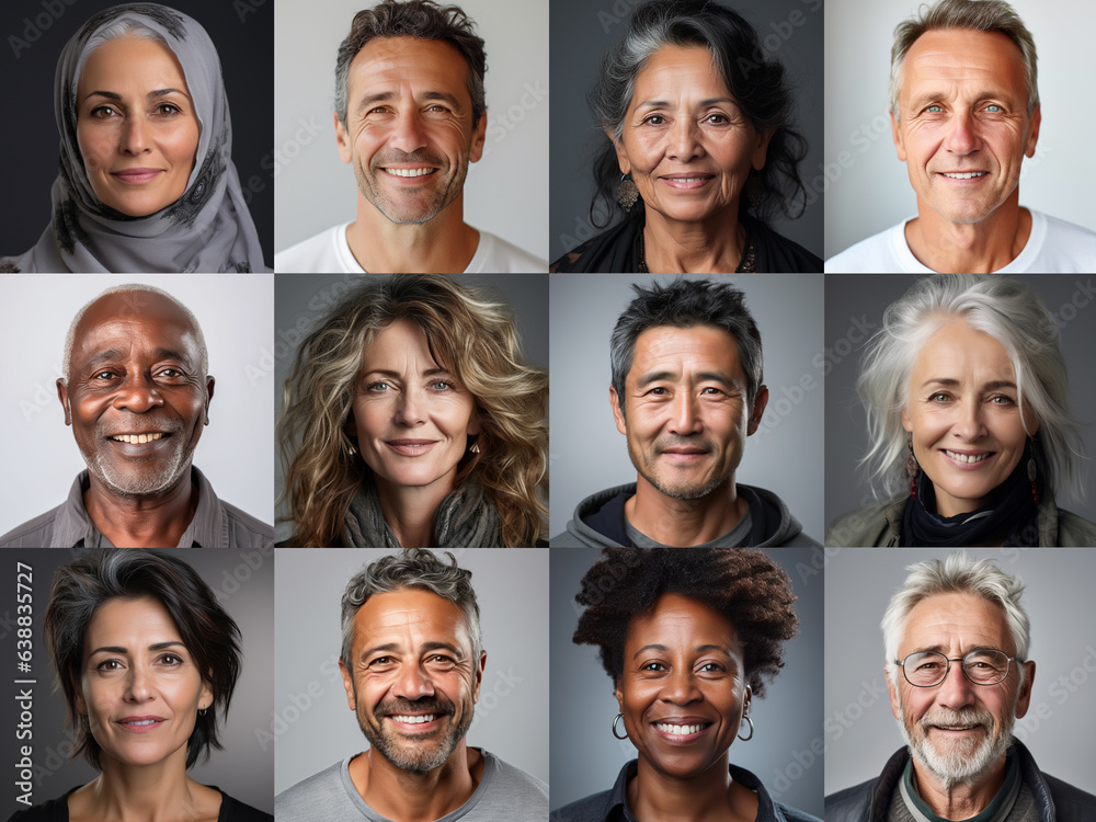 Collage of ethnically different happy people modern portraits, Success, smiling and happiness multicultural faces looking at camera, Human resource society database concept, globalization..