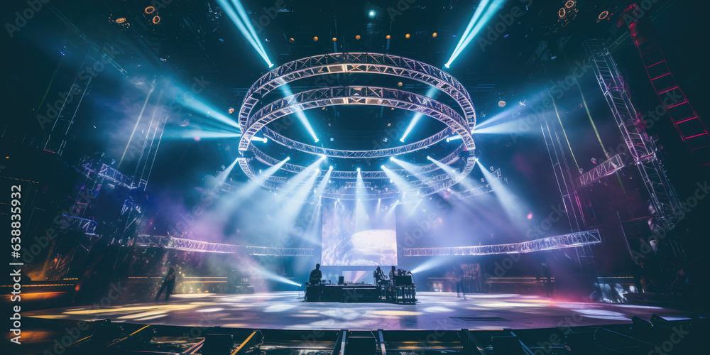 Live stage production with a circular light truss, in a center stage