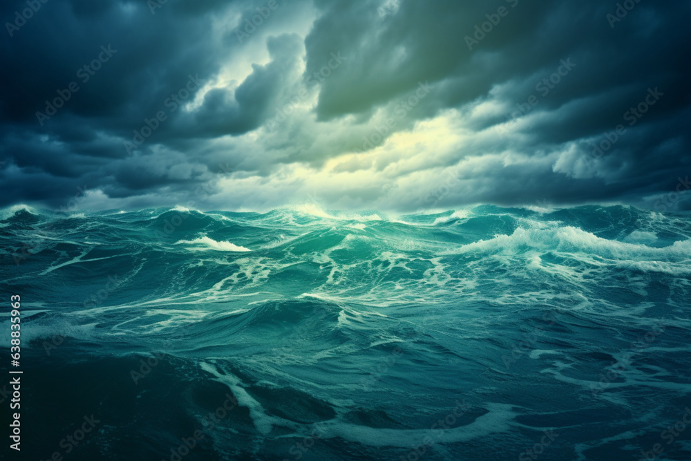 Sea Storm view, waves with foam in storm, seascape, sea or ocean under dark blue clouds, turquoise colour of water. Mountains coastline. Big Waves.