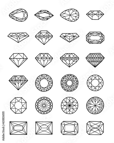 Set of Doodle hand drawn gems and jewelry elements, black and white line sketch. Isolated elements - Diamonds, brilliants, crystals and gems on white background, vector illustration