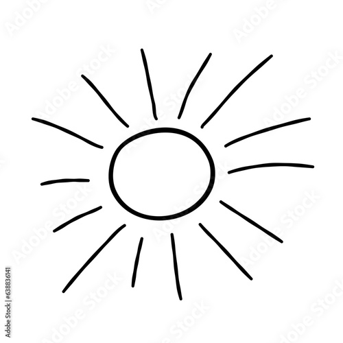 Cute cartoon hand drawn sun. Vector black and white sun. Isolated monochrome doodle sun drawing on white background. Retro sketch radial rays. Vintage sunburst