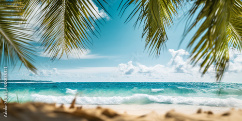 Tropical beach panorama view, coastline with palms, Caribbean sea in sunny day, summer time, turquoise sea or ocean under sky with white clouds. Background of summer beach