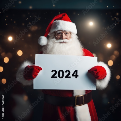 Santa Claus holding a poster with text "2024". Christmas and New Years 2024 background © Roman